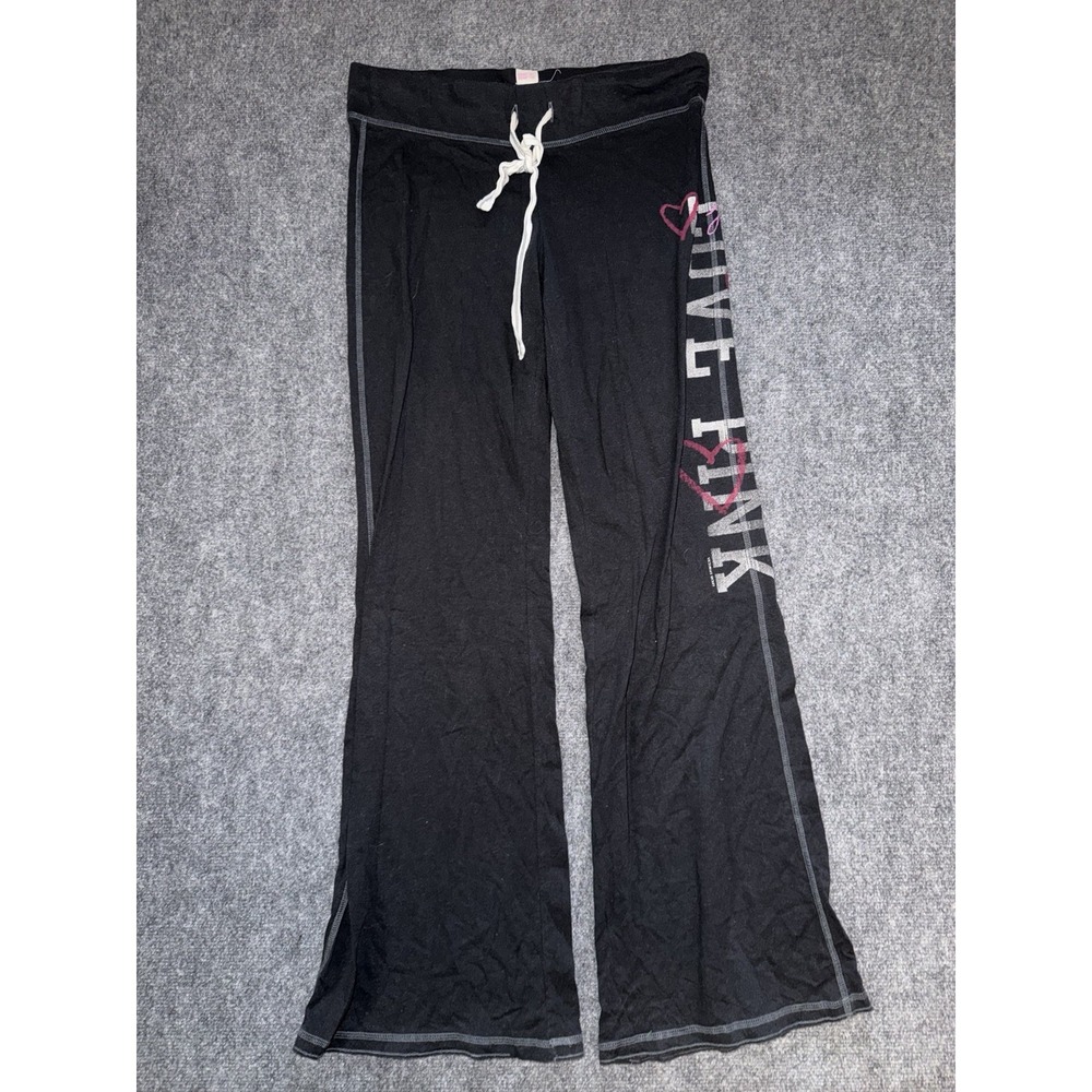 Vintage Victoria's Secret PINK Y2K Flare Sweatpants Black "LOVE PINK" Hearts M
